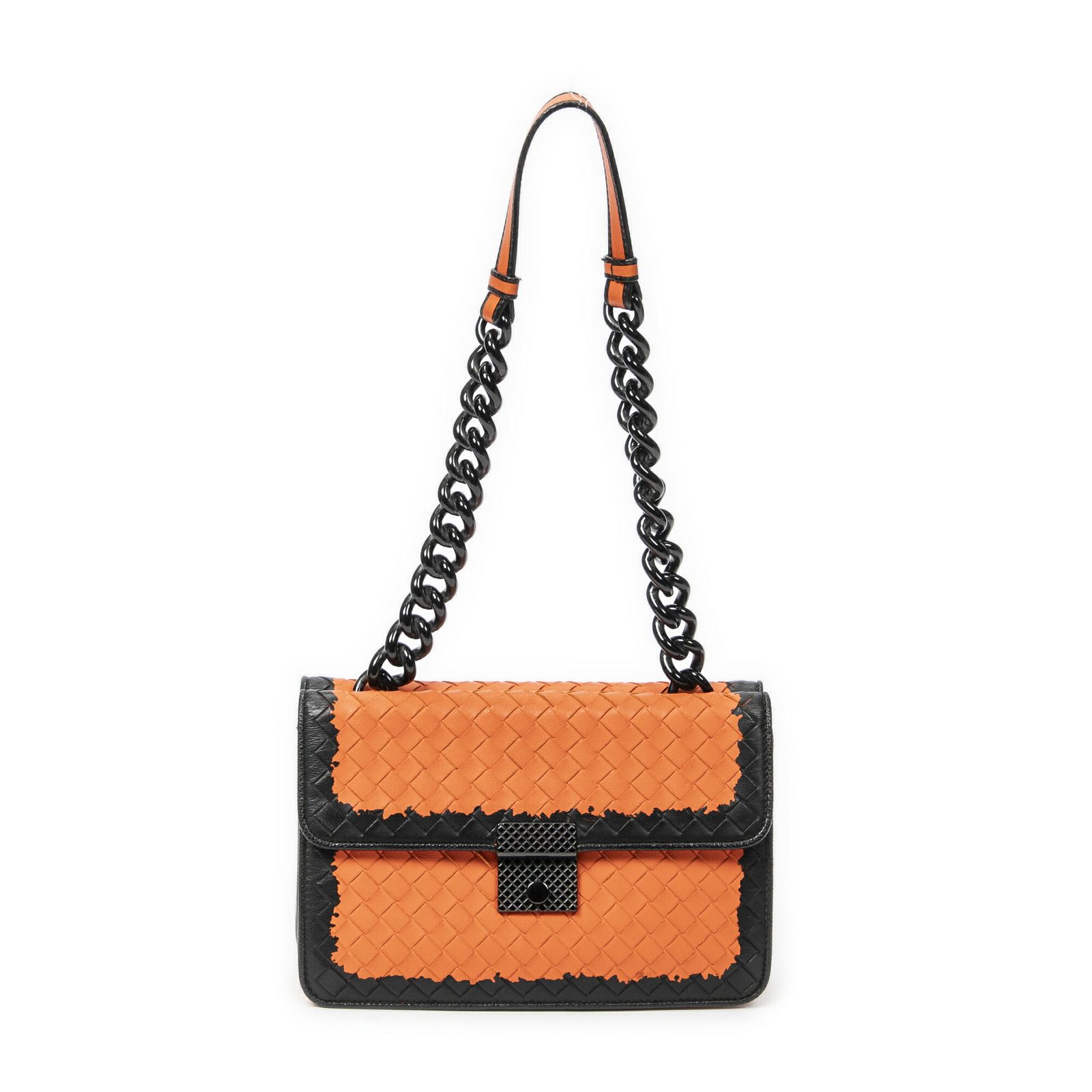 BOTTEGA VENETA ボッテガヴェネタフラップショルダーバッグオレンジ|ブラックイントレチャートレザーA