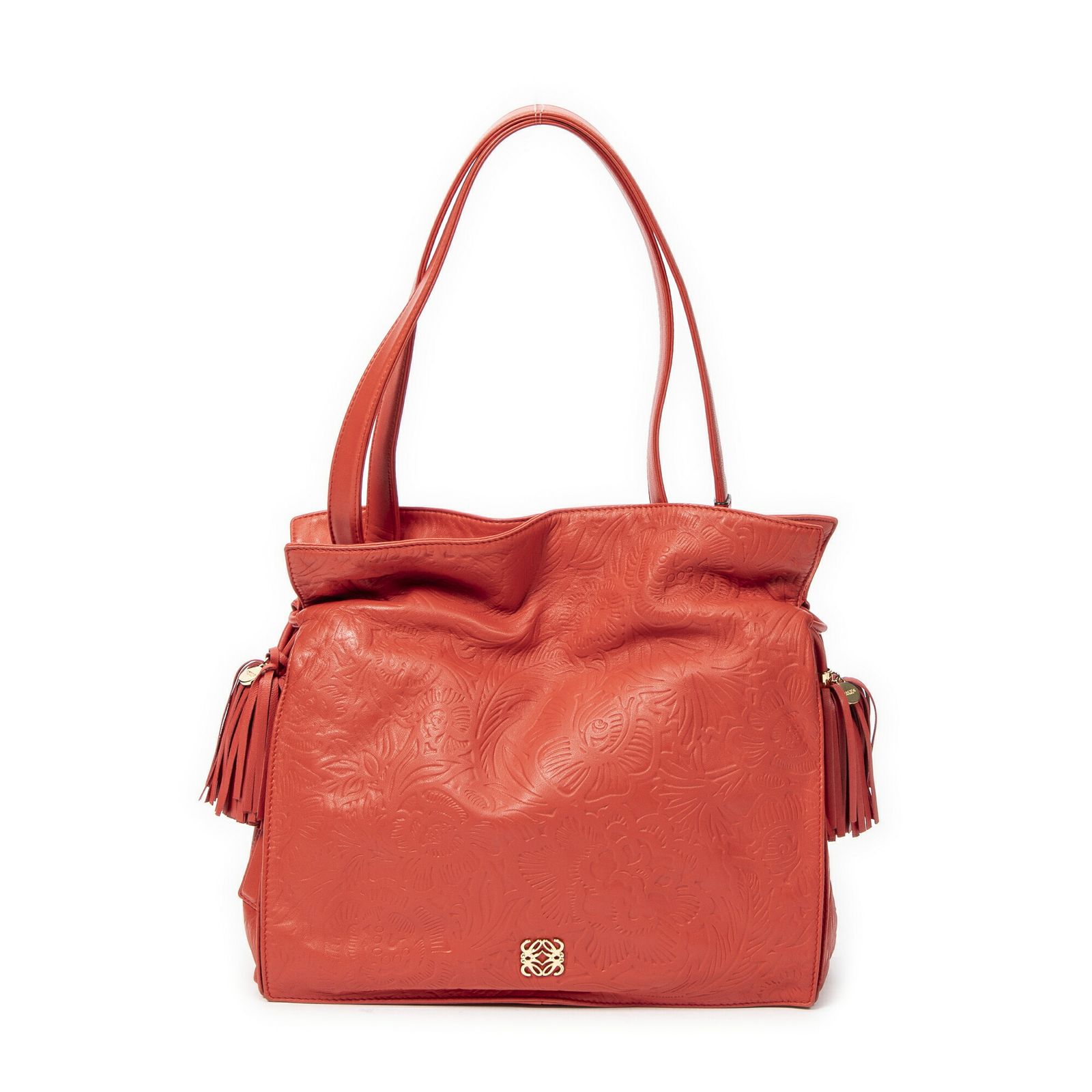 LOEWE ロエベスモールタッセル フラメンコオレンジアナグラムエンボスカーフスキンレザーA