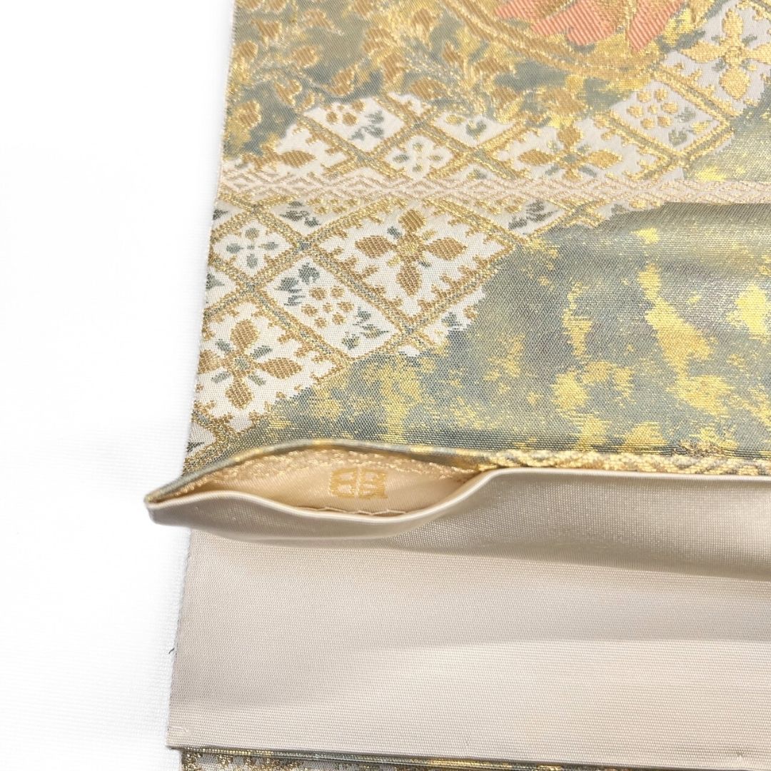 袋帯　華紋　鳳凰紋　唐花　花菱　金糸　銀糸　着物　093a p 唐織り 銀通し 華紋 鳳凰 袋帯 正絹 唐花 金糸 白 紫 赤 青緑 499