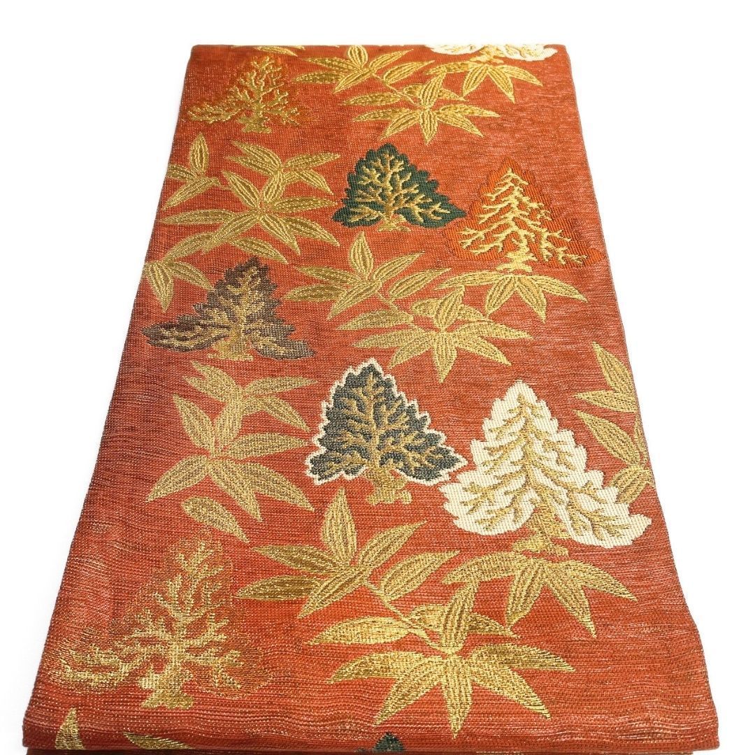 袋帯 金通し 笹 木々 リーフ模様 金糸 着物 122 p ms