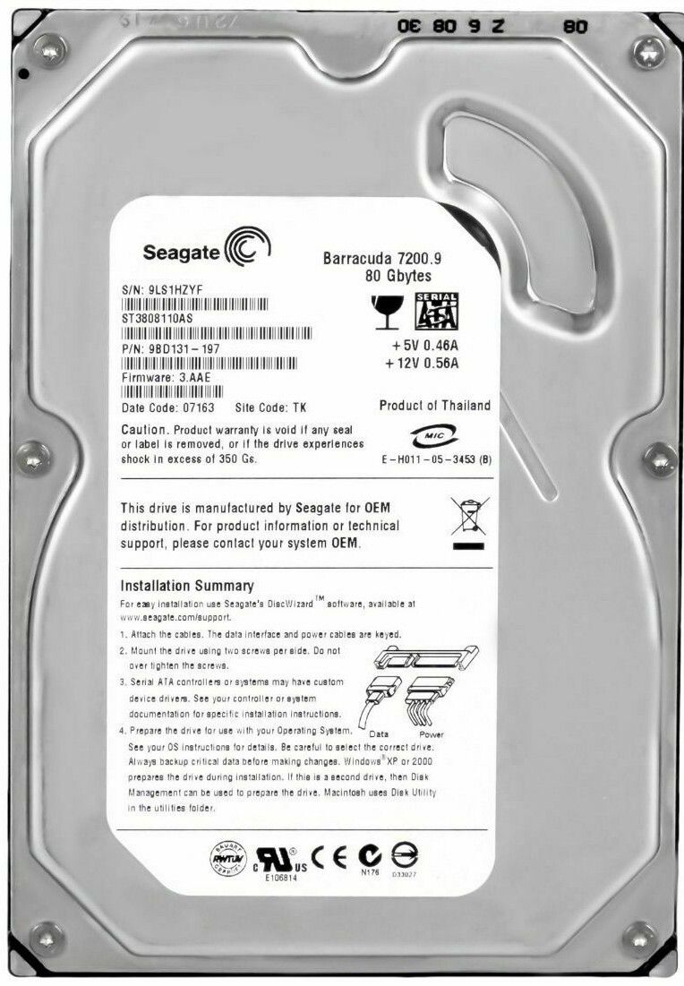 3年保証 Hard Drive Seagate Barracuda 7200.9 80 GB SATA II 7200 RPM 8 MB 3.5