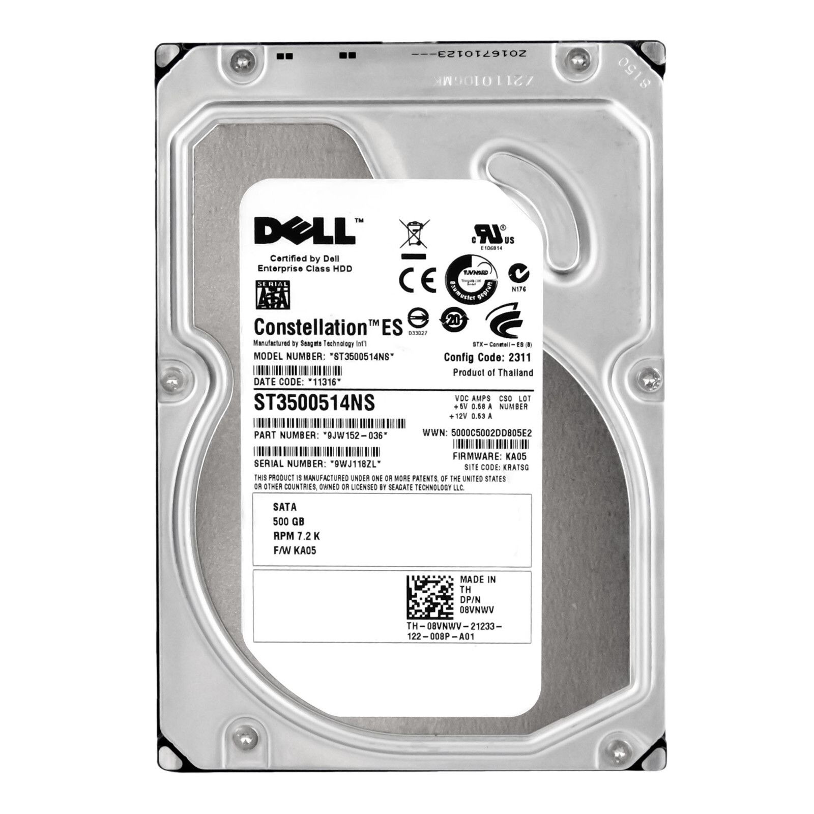 3年保証 Hard Drive Dell 08 VNWV 500 GB 7200 RPM 32 MB SATA 3.5