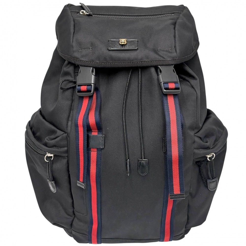 グッチ リュック メンズ ウェブストライプ バックパック タイガー 虎 GUCCI 429037 ナイロン レザー ブラック 黒 シルバー金具 品