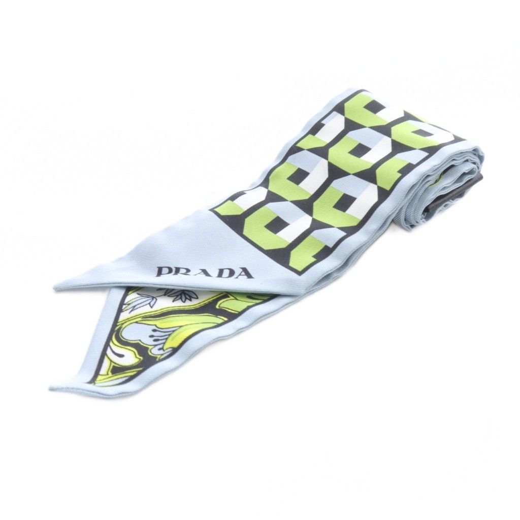 プラダ PRADA プリント スカーフ 総柄 絹 シルク 水色 ライトブルー