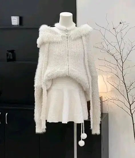 予約 シンプル フーディー ホワイト ファー ニット カーディガン