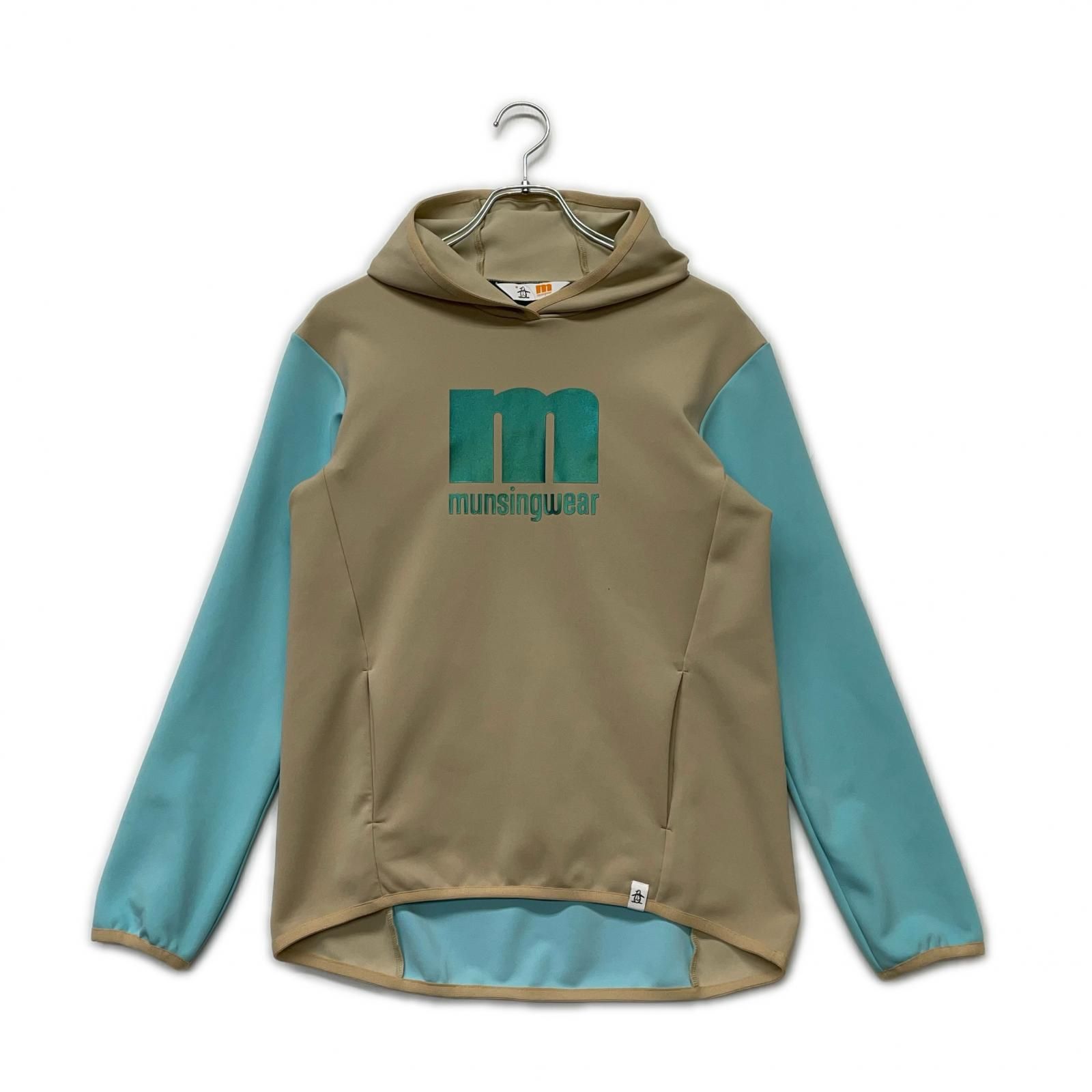  レディース マンシングウェア Munsing wear カットソー M ベージュ×青 パーカー ストレッチ ビッグロゴ