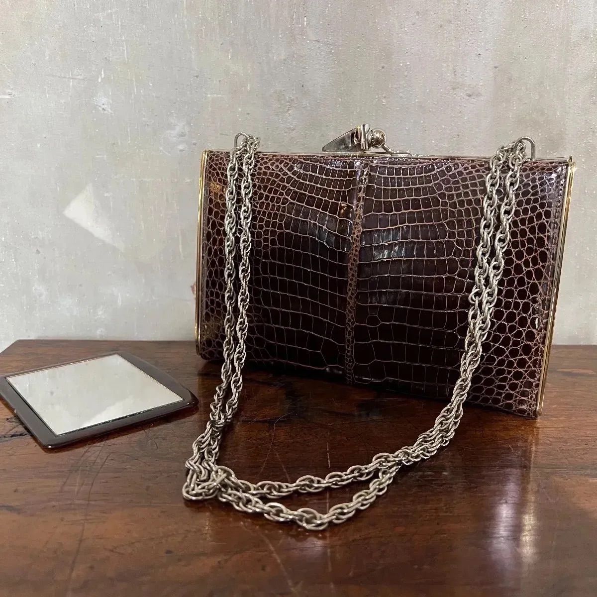 ヴィンテージ クロコダイル チェーンバッグ パーティバッグ 鏡付き