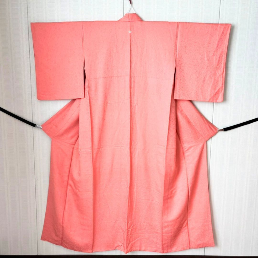  色無地 丹後ちりめん 正絹フルセット 五三の桐 家紋入り 袋帯 重ね衿 帯揚げ 帯締め 長襦袢付 サーモンピンク 身丈159 cm 裄61.5 フォーマル 結婚 kimono iromuji set 色無地 着物