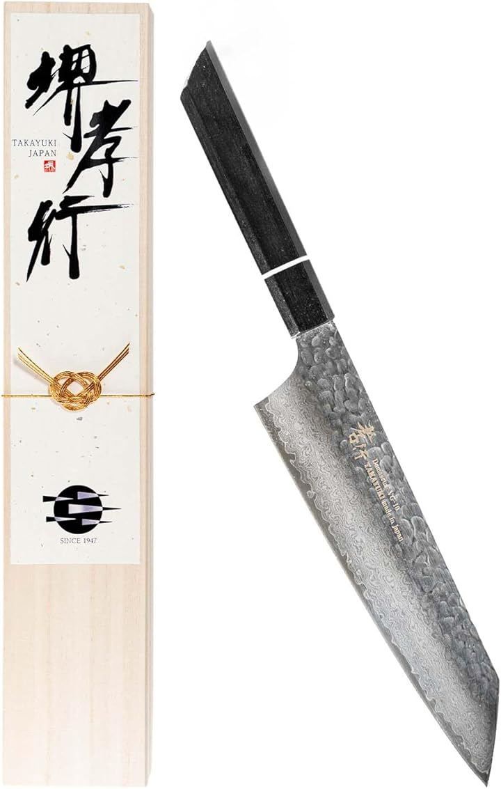 KitcheNavi 堺孝行 600年の継承技術 プロの料理人が愛用 閃黒 ダマスカス 33層槌目 剣型 牛刀包丁 190 mm 樫漆柄 ステンレス鋼 V金10号 vg シルバー mm刃 363 mm全長