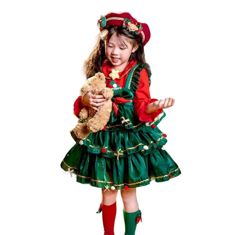 子供ドレス 女の子 豪華 ワンピース ロリータドレス サンタクロース ガールズ Aライン 赤と緑 Christmas 子供