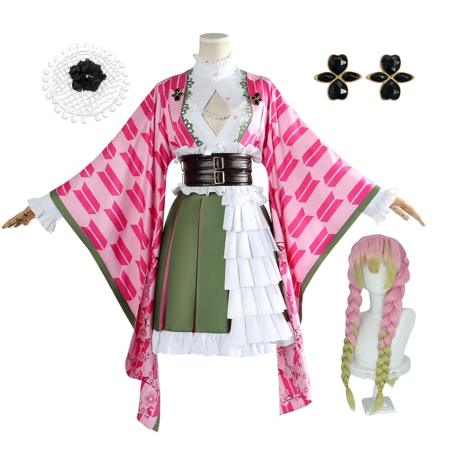 甘露寺蜜璃コスプレ 衣装 髪飾り 小物 ウイッグ付き 炭治郎 禰豆子 我妻善逸 嘴平伊之助 冨岡義勇 胡蝶しのぶ 煉獄杏寿郎 宇髄