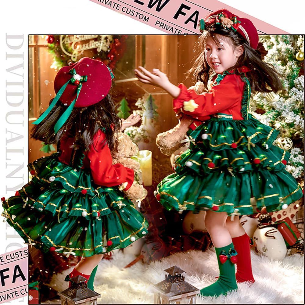 子供ドレス 女の子 豪華 ワンピース ロリータドレス サンタクロース ガールズ Aライン 赤と緑 Christmas 子供