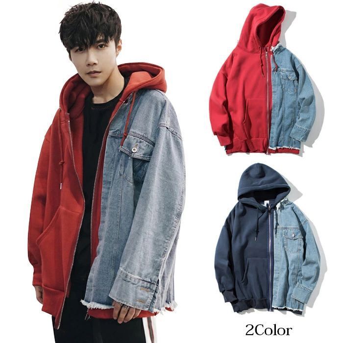 パーカー メンズ フード付き デニムパーカ デニム トレーナー バイカラー スウェット カジュアルジャケッ