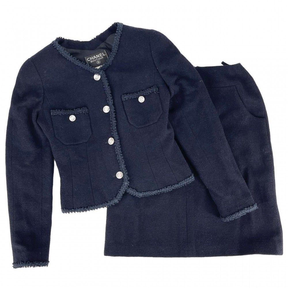 シャネル セットアップ レディース ノー ジャケット スカート ヴィンテージ アパレル 服 CHANEL 38 ネイビー 紺 ウール ナイロン 秋 冬 1997年 品
