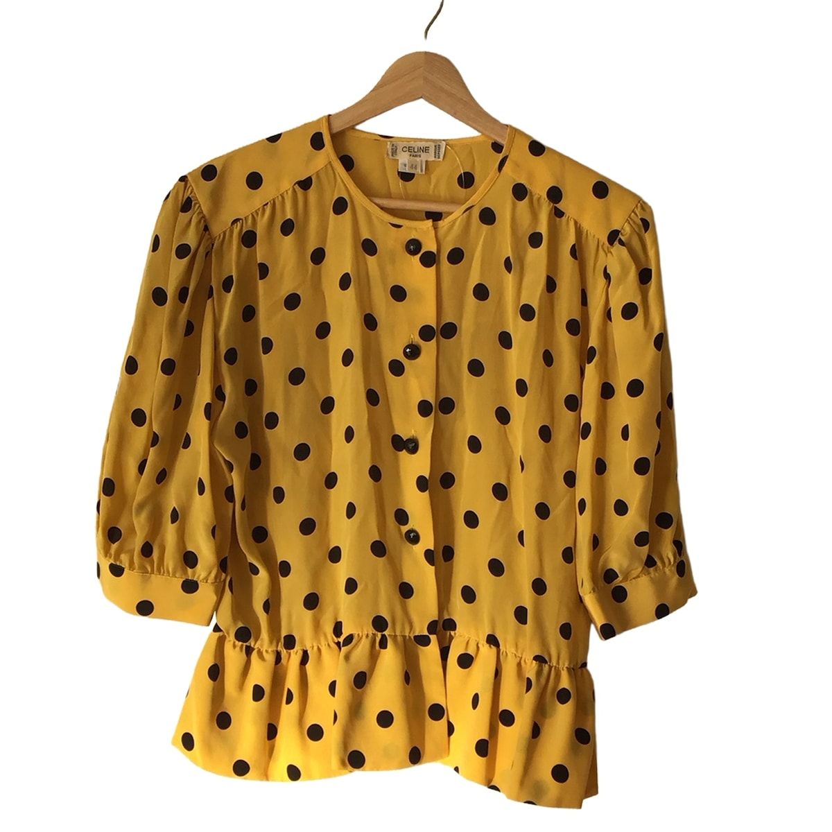 CELINE セリーヌ 七分袖シャツブラウス サイズ44 L レディース - イエロー×黒 シルク|ドット柄|フリル