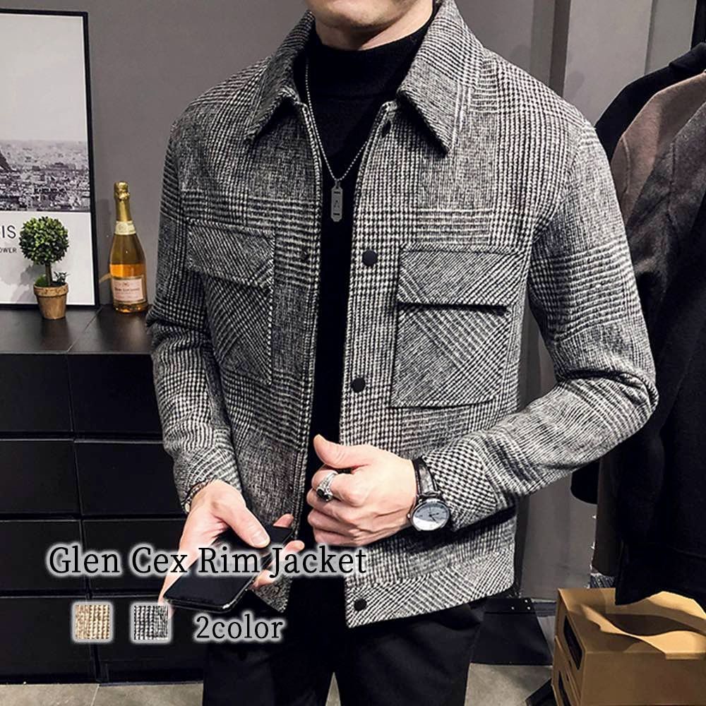 ステンカラーコート メンズ グレンチェックスリムジャケット ビジネス ブランド 秋 ミドル ショート丈 冬 50代 ファスナー チェスタ