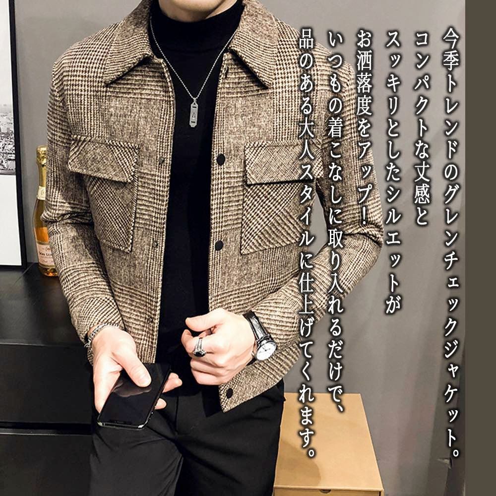 ステンカラーコート メンズ グレンチェックスリムジャケット ビジネス ブランド 秋 ミドル ショート丈 冬 50代 ファスナー チェスタ