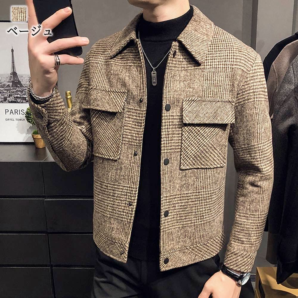  ステンカラーコート メンズ グレンチェックスリムジャケット ビジネス ブランド 秋 ミドル ショート丈 冬 50代 ファスナー チェスタ コート ジャケット ファッション