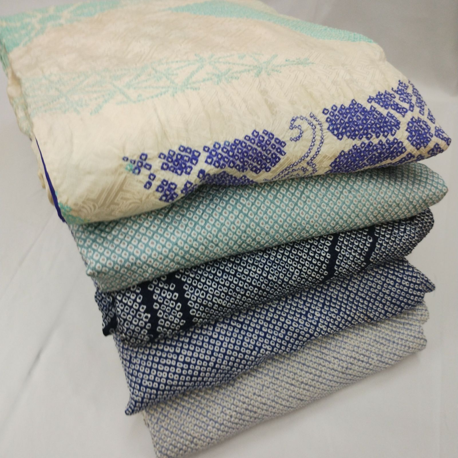 SBR 0283 青系の絞り着物 な5点セット まとめ売り 昭和レトロ リメイク