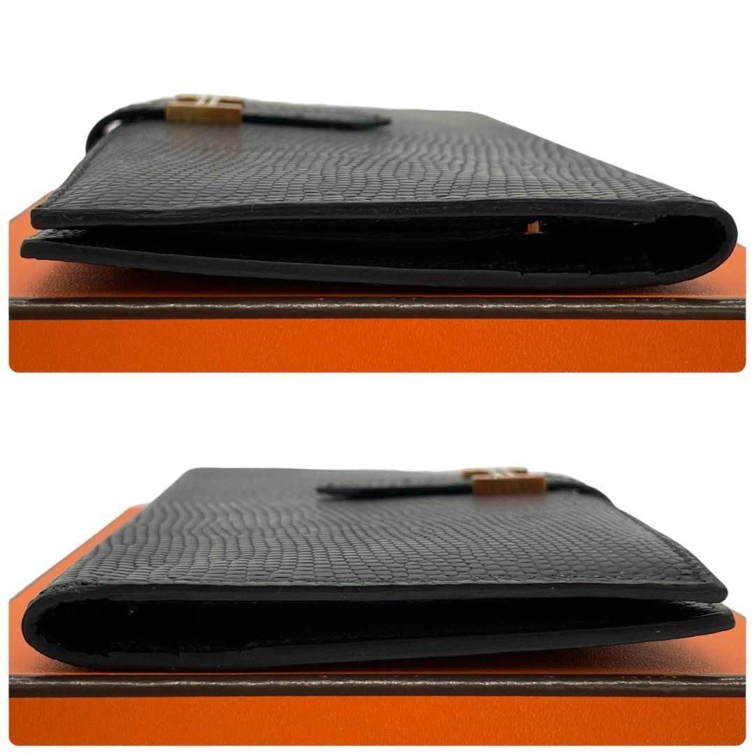 超極美品】エルメス HERMES ベアン 二つ折り長財布 リザード ブラック 