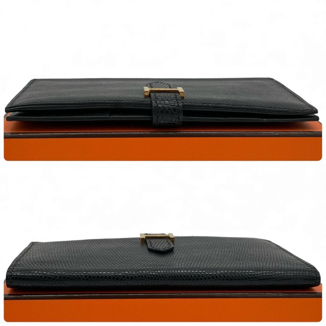 超極美品】エルメス HERMES ベアン 二つ折り長財布 リザード ブラック 