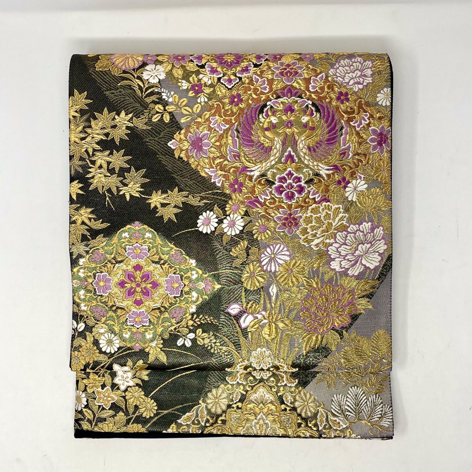 袋帯/帝王紫 ］正絹 聚楽 じゅらく 黒/シルバー 正倉院 鳳凰 金糸 礼装