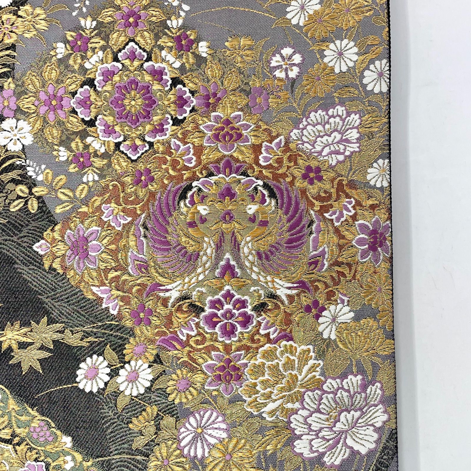 袋帯/帝王紫 ］正絹 聚楽 じゅらく 黒/シルバー 正倉院 鳳凰 金糸 礼装