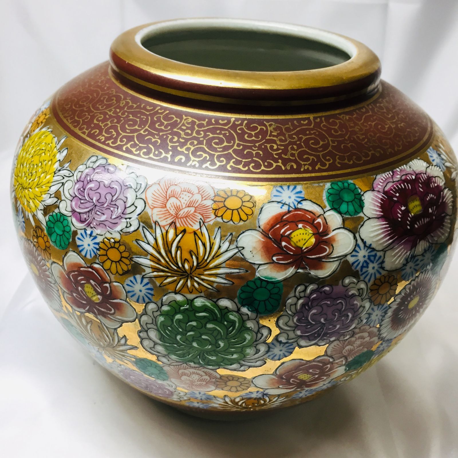 九谷焼 壺 骨董品 ♢青手九谷焼 龍双耳 草花紋様 壺 花瓶 置物