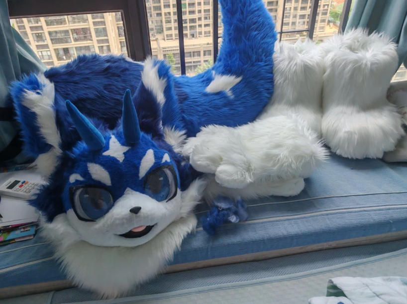 ファースーツ 着ぐるみセット NO.318 犬 青 ケモノ 全頭ヘッド ぬいぐるみ コスプレ コスチューム 一点物