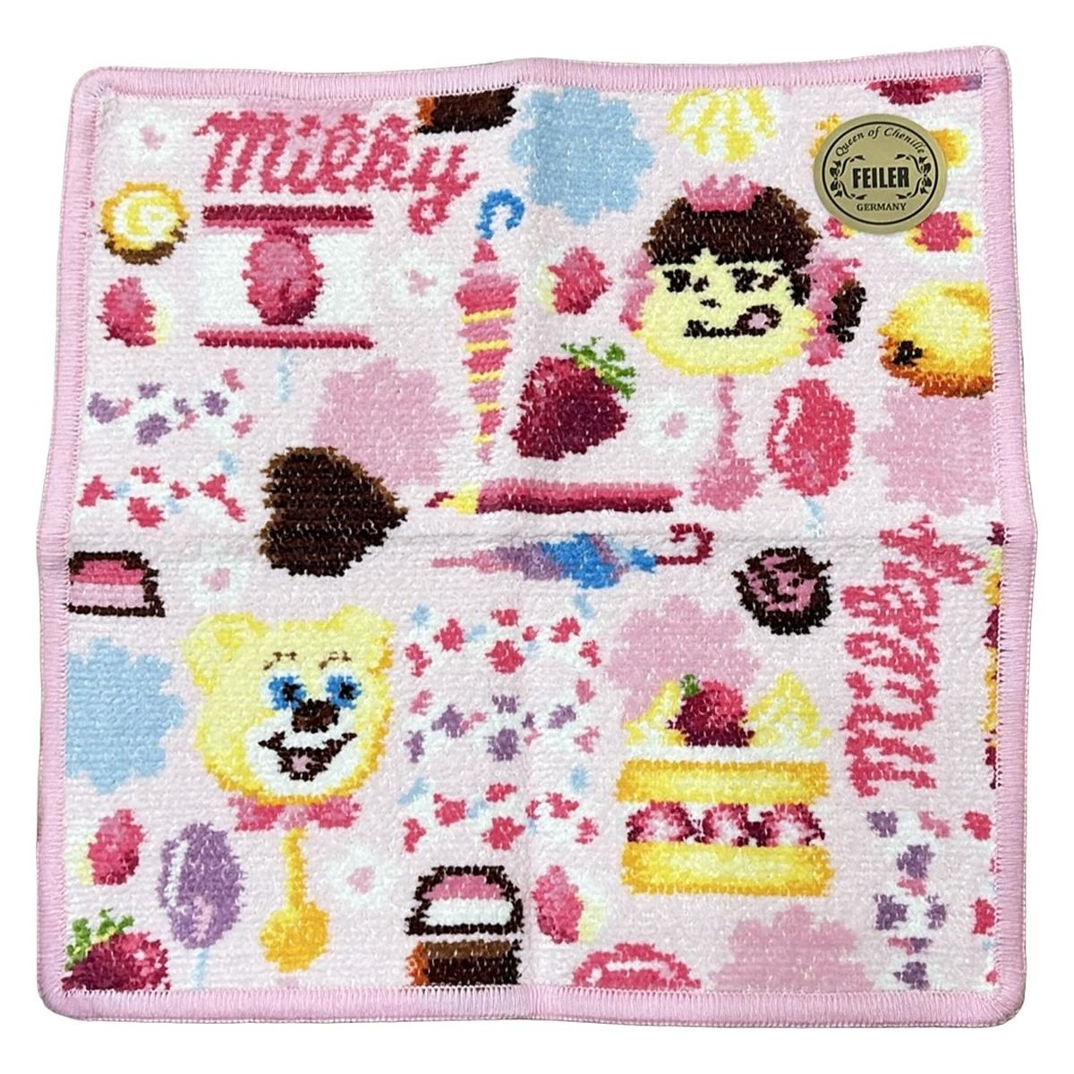 FEILER フェイラー 小物 ライトピンク ダークブラウン マルチ ハンドタオル LOVERARY ラブラリー ペコ キャンディ 不二家コラボ