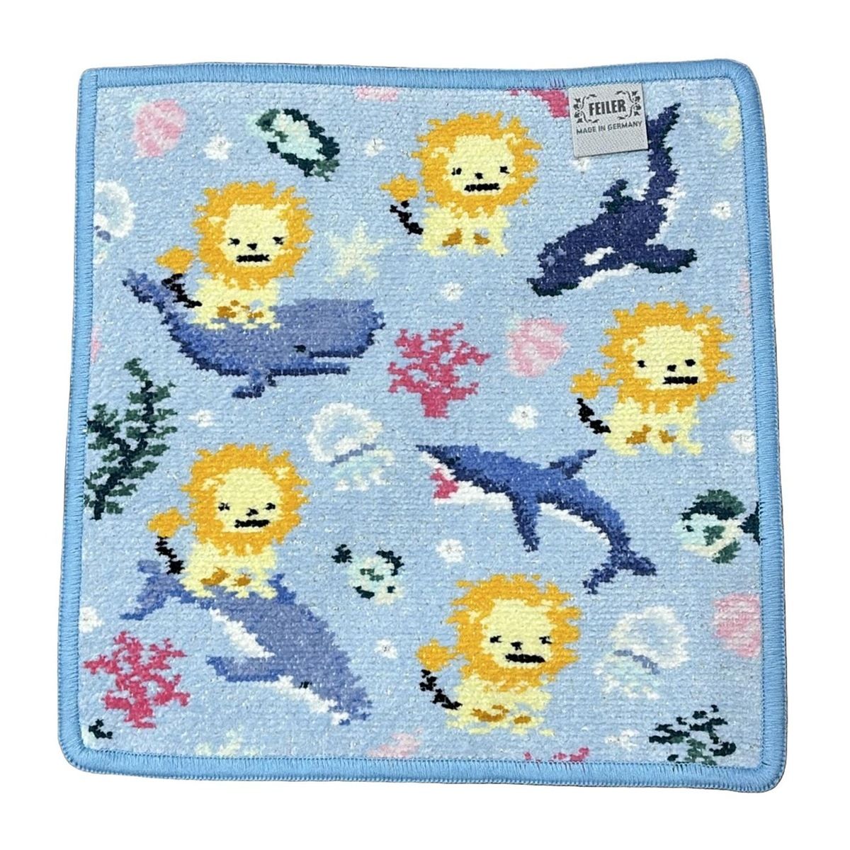 FEILER フェイラー 小物 - ライトブルー×ブルーグレー×マルチ ハンドタオル ライオン インザシー ラメ BARNEYS YORKコラボ