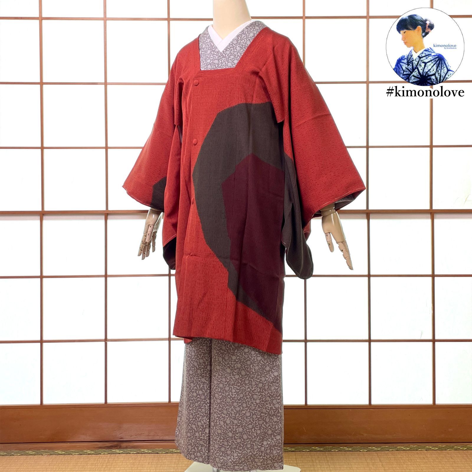 和装コート 道行 ロング丈 絵羽柄 正絹 杢目絞り モダンアート 赤レンガ色 手縫い 着物 kimonolove 仕付糸付き 手入れ済み リユース品 オゾン消臭サービス A-2599