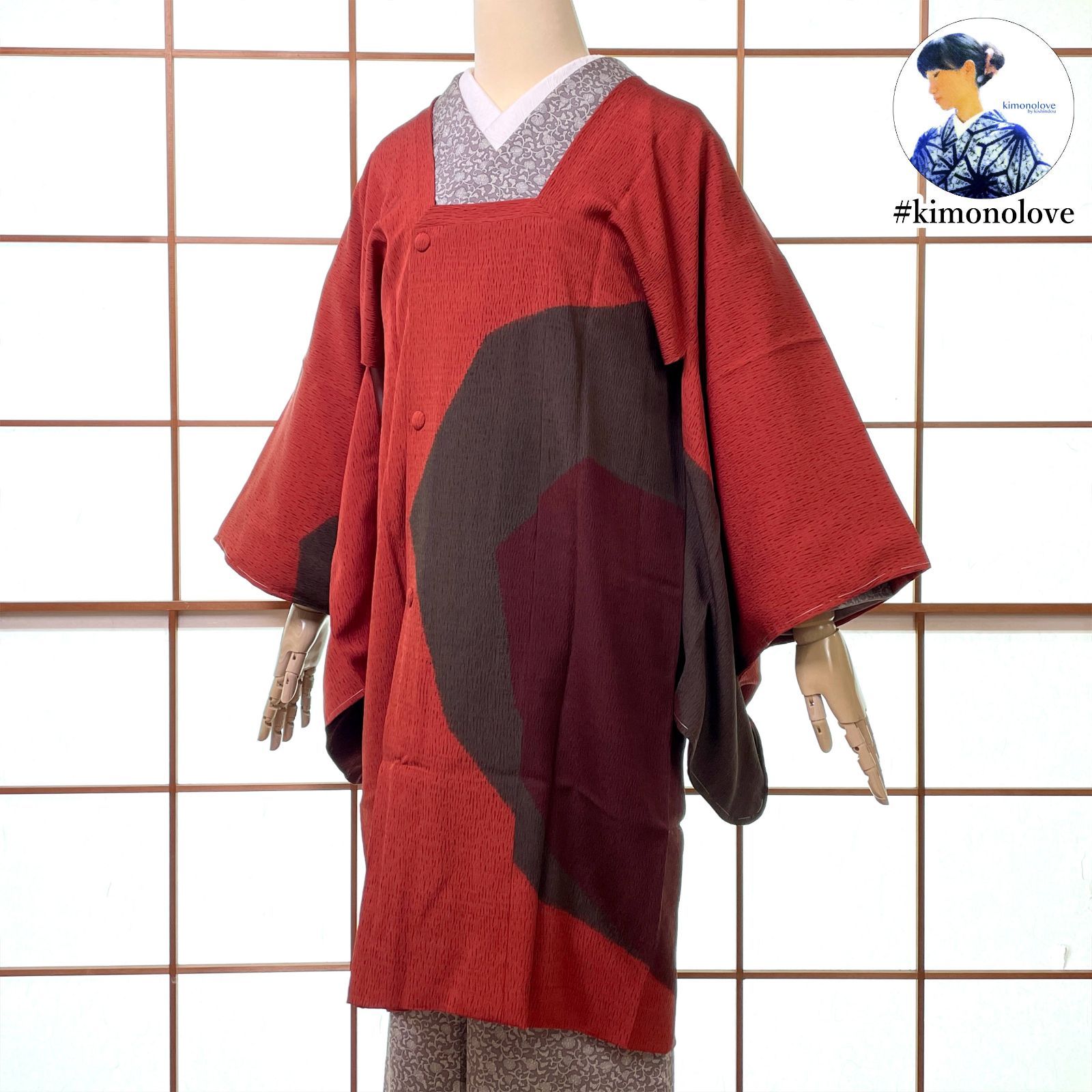 和装コート 道行 ロング丈 絵羽柄 正絹 杢目絞り モダンアート 赤レンガ色 手縫い 着物 kimonolove 仕付糸付き 手入れ済み リユース品 一点物 オゾン消臭サービス A-2599
