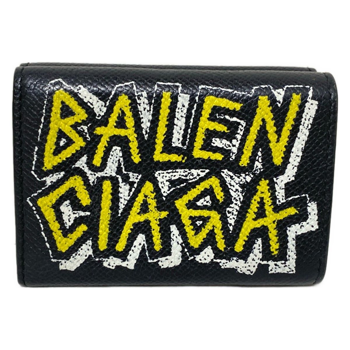 バレンシアガ 3つ折り財布 ヴィル ミニウォレット 558208 黒 ピンク ライトブルー グラフティ レザー