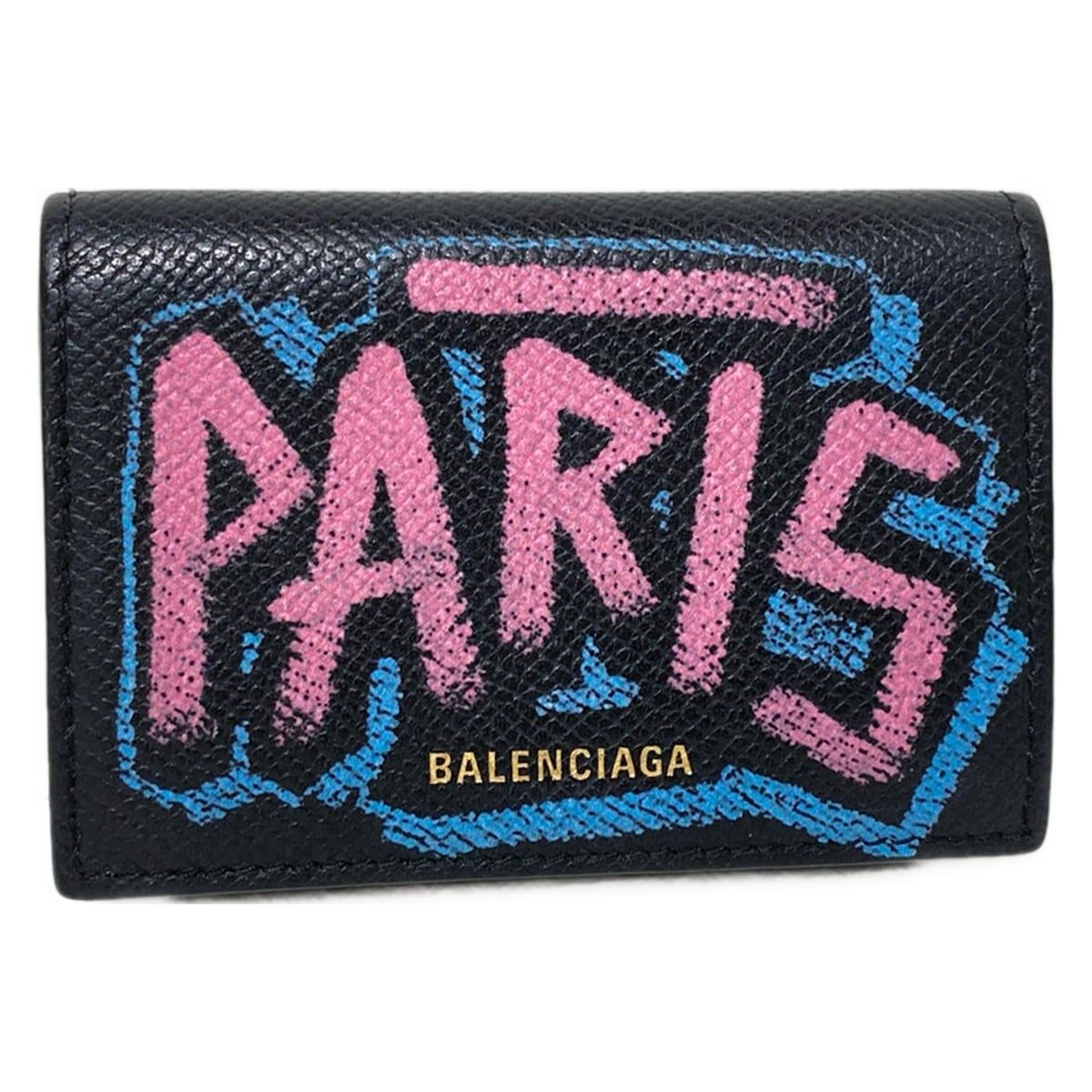 バレンシアガ 3つ折り財布 ヴィル ミニウォレット 558208 黒×ピンク×ライトブルー グラフティ レザー