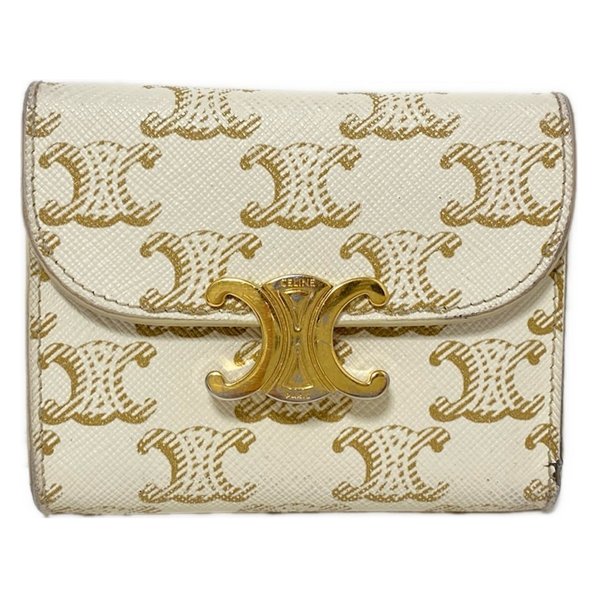 CELINE セリーヌ 3つ折り財布 スモール トリオンフ フラップ ウォレット 01 TA 白 ゴールド