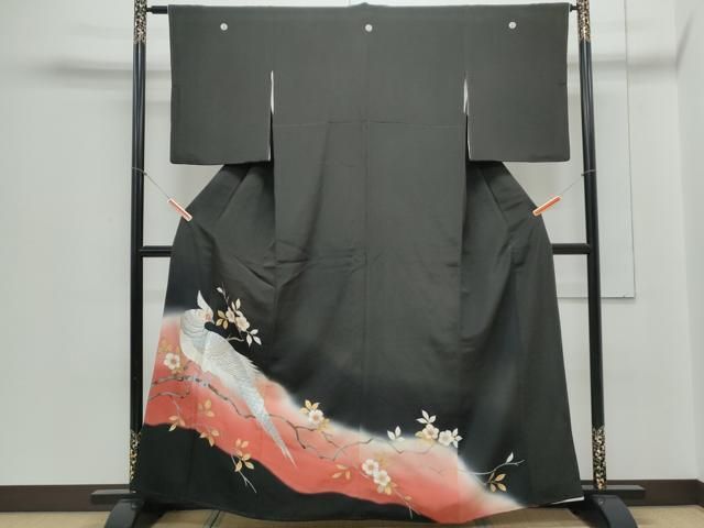 平和屋着物▽豪華黒留袖 刺繍 尾長鶏花文 暈し染め 金彩 正絹 逸品