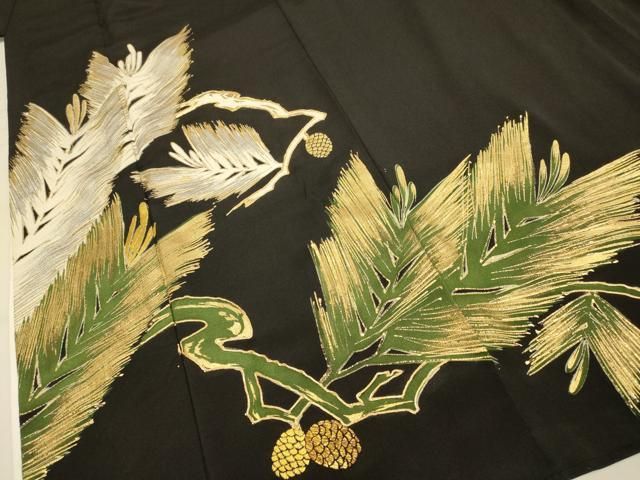 平和屋着物▽豪華黒留袖 駒刺繍 松葉 松ぼっくり 金銀彩 正絹 逸品