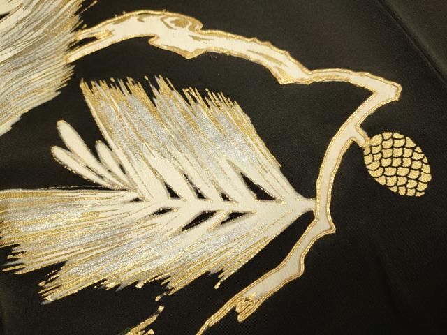 平和屋着物▽豪華黒留袖 駒刺繍 松葉 松ぼっくり 金銀彩 正絹 逸品