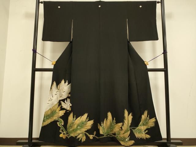 平和屋着物▽豪華黒留袖 駒刺繍 松葉 松ぼっくり 金銀彩 正絹 逸品