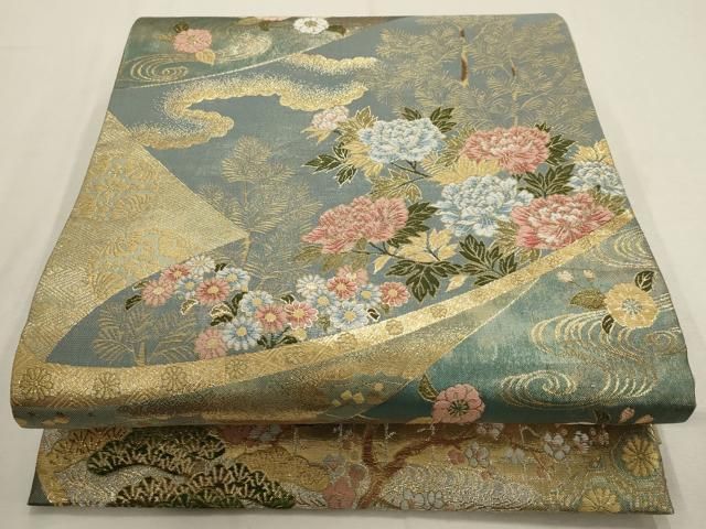 平和屋着物▽六通柄袋帯 流水花文 松竹梅 金銀糸 正絹 逸品