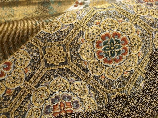 平和屋着物▽六通柄袋帯 松皮蜀江華文 黒地 金銀糸 引箔