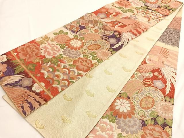 平和屋着物◎佐賀錦 六通柄袋帯 鳳凰鼓花文 金糸 正絹 逸品 BAAV9535hv