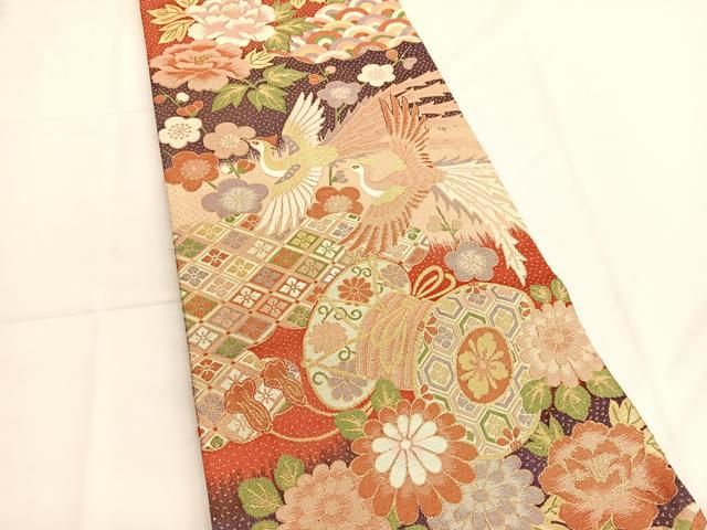 平和屋着物◎佐賀錦 六通柄袋帯 鳳凰鼓花文 金糸 正絹 逸品 BAAV9535hv