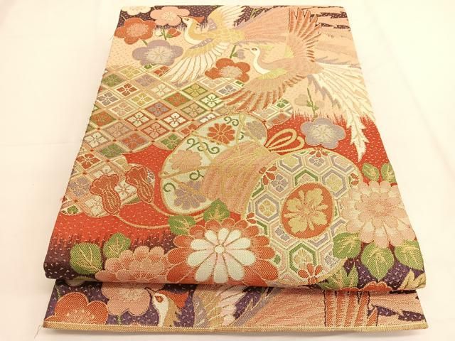 平和屋着物◎佐賀錦 六通柄袋帯 鳳凰鼓花文 金糸 正絹 逸品 BAAV9535hv