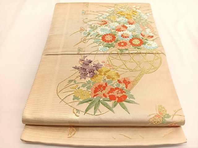 平和屋着物◎六通柄袋帯 唐織 舞蝶花籠文 金糸 正絹 逸品 BAAV9580hv