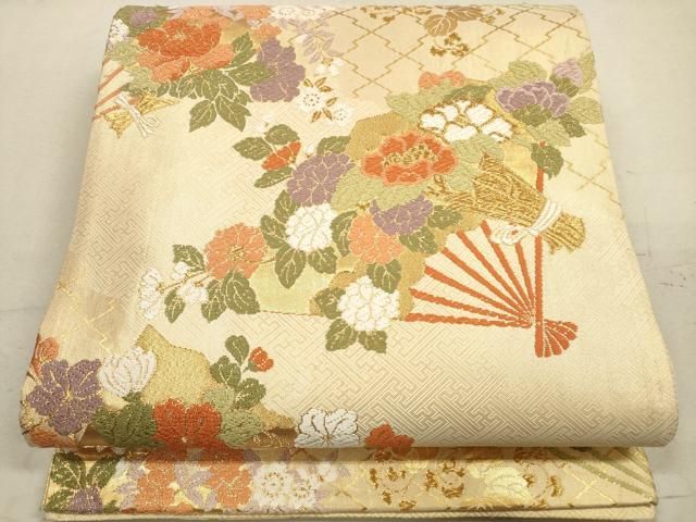 平和屋着物◎佐賀錦 六通柄袋帯 唐織 扇面花文 金糸 正絹