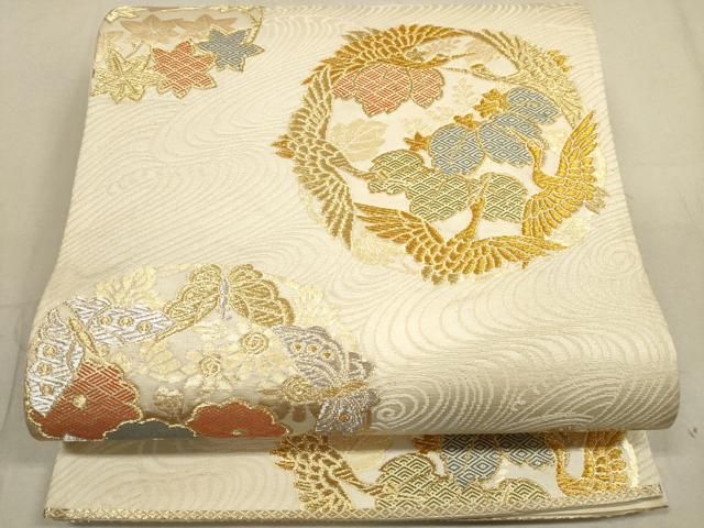 平和屋着物●全通柄袋帯　花鳥丸文　金糸　正絹　逸品　CAAY9701hy 平和屋着物◎六通柄袋帯 吉祥花鳥丸文 鶴 金銀糸 正絹 逸品 DAAZ1753xg