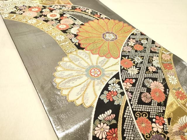 平和屋着物◎六通柄袋帯 唐織 飛鶴吉祥花文 黒地 金銀糸 正絹 逸品