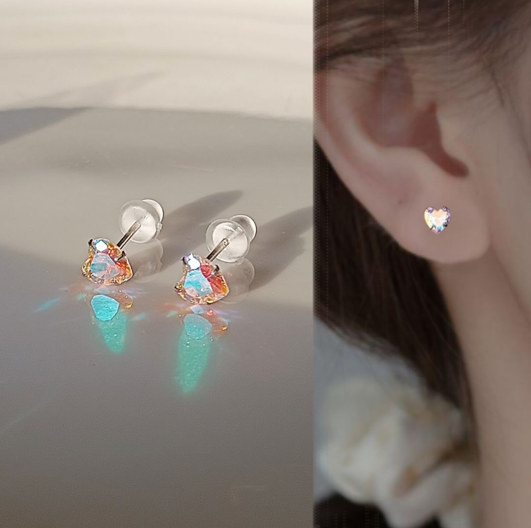 シルバー925 オーロラカラー ジルコニア CZダイヤ ハート ピアス